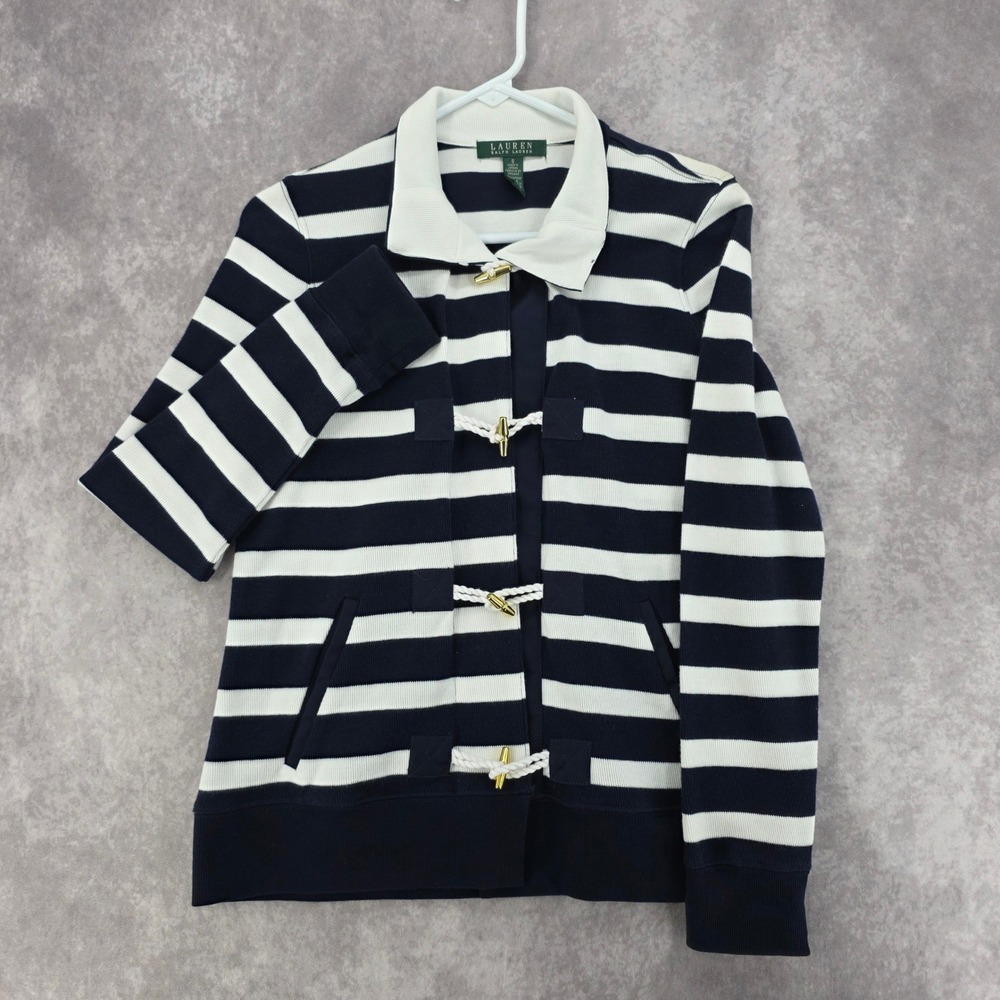 Lauren Ralph Lauren Navy White Striped Toggle Cardigan Sweater Small Nautical